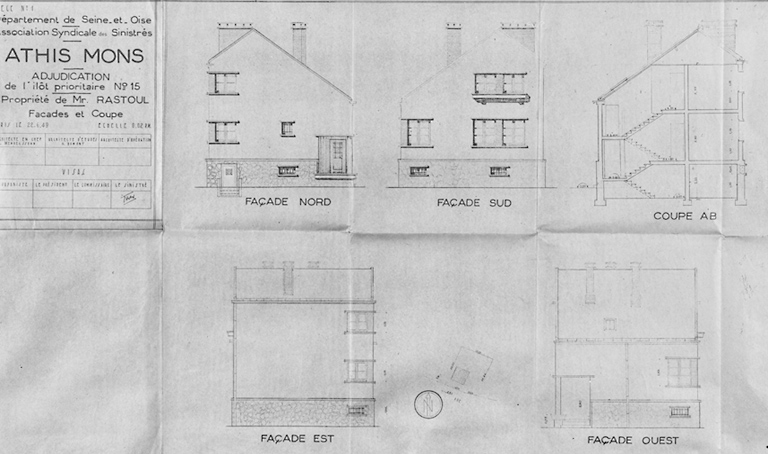 Elévations et coupes de la maison reconstruite dans l'îlot 15, au 20, rue du Vercors, pour M. Rastoul ; architecte en chef Léo Mendelssohn, G. Dumont, architecte d'études, Faine architecte d'opération, 22 juin 1949.