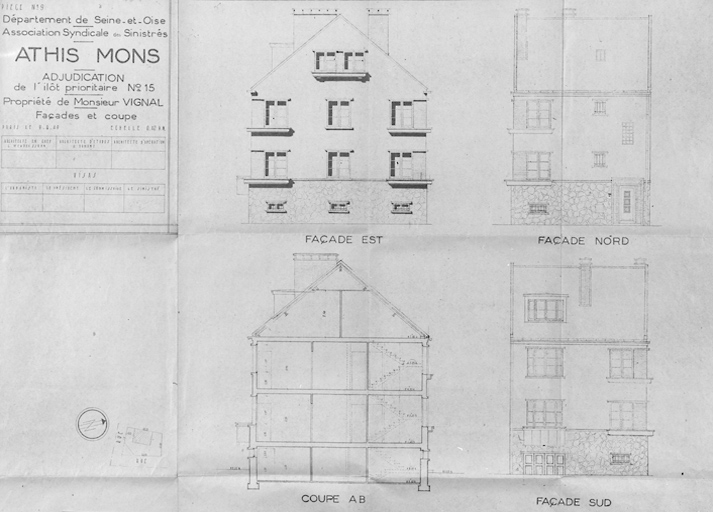 Elévations et coupe de la maison reconstruite dans l'îlot 15 pour M. Vignal (59, avenue Jean-Jaurès) ; architecte en chef Léo Mendelssohn, G. Dumont, architecte d'études, Chavany, architecte d'opération, 9 août 1949.