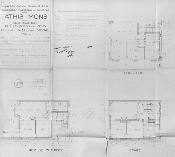 Plans (sous-sol, rez-de-chaussée et étage) de la maison reconstruite dans l'îlot 15 pour M. Vignal (59, avenue Jean-Jaurès) ; architecte en chef Léo Mendelssohn, G. Dumont, architecte d'études, Chavany, architecte d'opération, 9 août 1949.