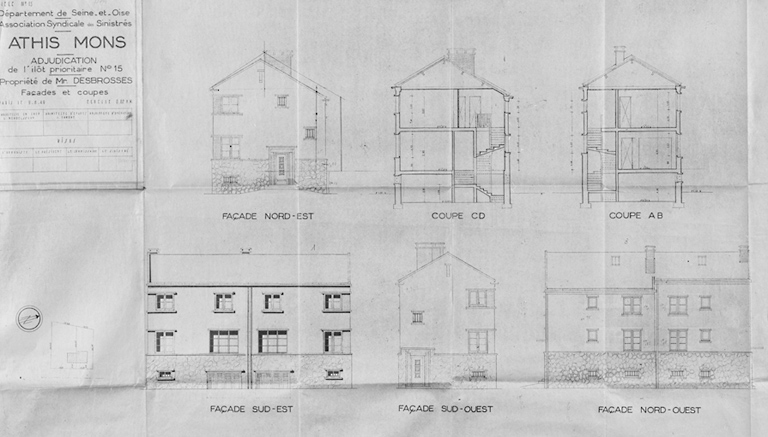 Façades et coupes de la maison double reconstruite dans l'îlot 15 pour M. Desbrosses, au 64-66, avenue du 18 Avril ; architecte en chef Léo Mendelssohn, G. Dumont, architecte d'études, Thivier et Poggi architectes d'opération, 9 août 1949.