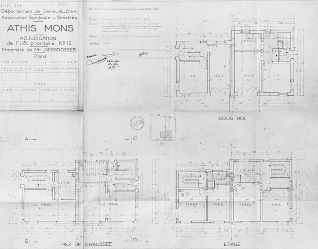 Plans de la maison double reconstruite dans l'îlot 15 pour M. Desbrosses (64-66, avenue du 18 Avril) ; architecte en chef Léo Mendelssohn, G. Dumont, architecte d'études, Thivier et Poggi architectes d'opération, 9 août 1949.