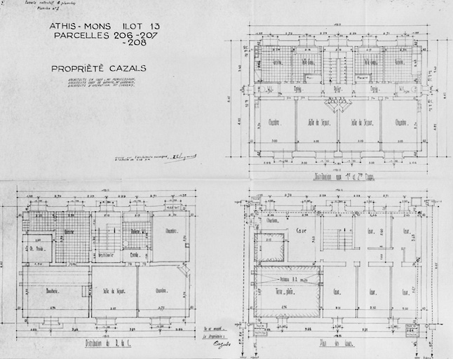 Plans de l'immeuble (composé d'un immeuble individuel avec boutique et d'un immeuble collectif) reconstruit dans l'îlot 13, parcelles 206, 207 et 208, pour M. Cazals (58bis, avenue Jean-Jaurès) ; L. Mendelssohn, architecte en chef, P. Garofalo, architecte chef de groupe, H. Chavany, architecte d'opération, décembre 1948.