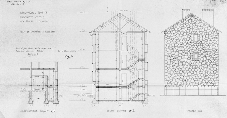 Façade sud et coupes de l'immeuble reconstruit dans l'îlot 13, parcelles 206, 207 et 208, pour M. Cazals (58bis, avenue Jean-Jaurès) ; L. Mendelssohn, architecte en chef, P. Garofalo, architecte chef de groupe, H. Chavany, architecte d'opération, décembre 1948.