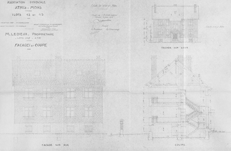 Elévation et coupe de l'immeuble reconstruit dans l'îlot 13, parcelles 247 et 248, pour M. Ledieux (69, rue de Juvisy) ; L. Mendelssohn, architecte en chef, P. Garofalo, architecte chef de groupe, Lempereur, architecte d'opération, s. d.