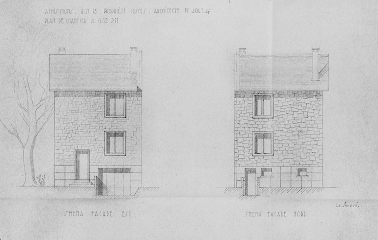 Façades est et nord de la maison d'habitat collectif reconstruite dans l'îlot 13, parcelle 241, pour M. Costes (61, rue de Juvisy) ; L. Mendelssohn, architecte en chef, P. Garofalo, architecte chef de groupe, G. Joly, architecte d'opération, 30 novembre 1948.