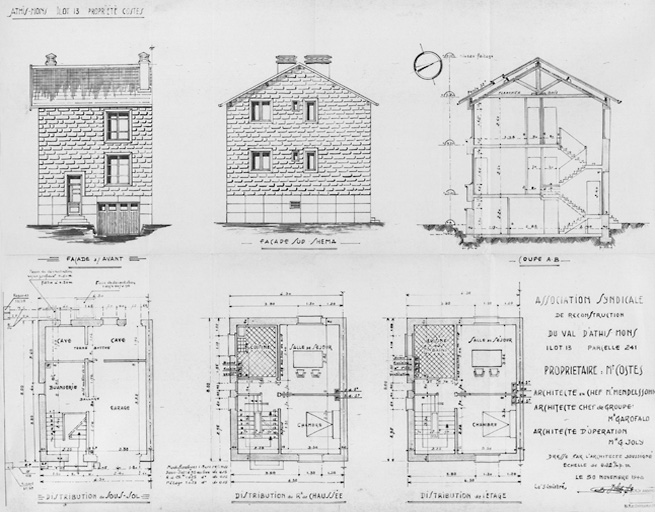 Elévations et plans de la maison d'habitat collectif reconstruite dans l'îlot 13, parcelle 241, pour M. Costes (61, rue de Juvisy) ; L. Mendelssohn, architecte en chef, P. Garofalo, architecte chef de groupe, G. Joly, architecte d'opération, 30 novembre 1948.