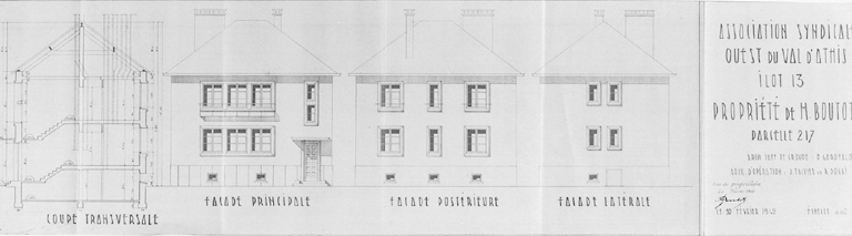 Coupe et élévation de la maison à deux logements reconstruite dans l'îlot 13, parcelle 217, pour M. Boutot (6, rue Paul-Henri-Challine) ; Léo Mendelssohn, architecte en chef, P. Garofalo, architecte chef de groupe, Thivier et Poggi, architectes d'opération ; 10 février 1949.