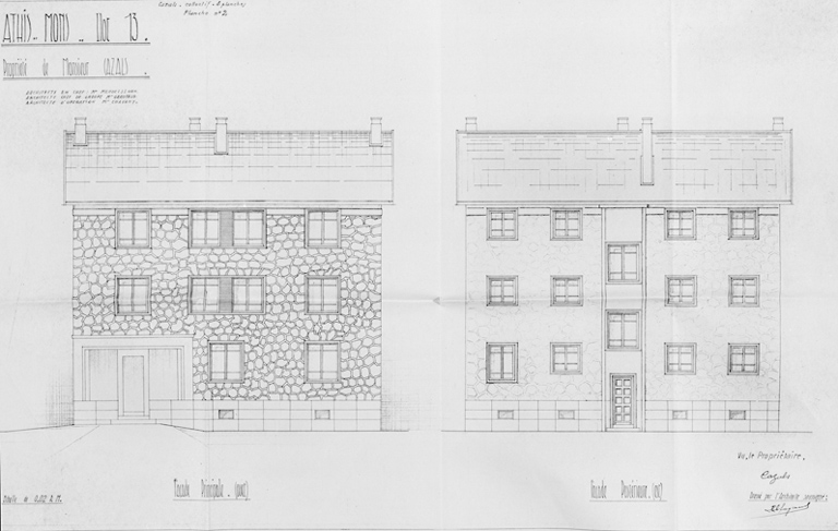 Façades de l'immeuble (composé d'un immeuble individuel avec boutique et d'un immeuble collectif) reconstruit dans l'îlot 13, parcelles 206, 207 et 208, pour M. Cazals (58bis, avenue Jean-Jaurès) ; L. Mendelssohn, architecte en chef, P. Garofalo, architecte chef de groupe, H. Chavany, architecte d'opération, décembre 1948.