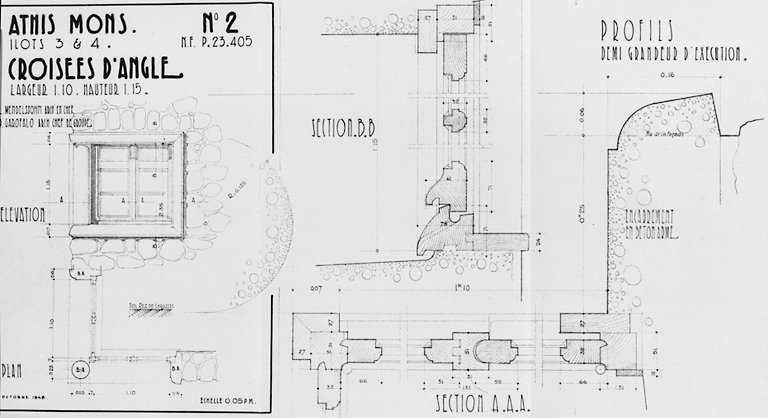 Ilots 3 et 4 : élévation et profil des croisées d'angle ; L. Mendelssohn architecte en chef, P. Garofalo architecte chef de groupe, octobre 1948.