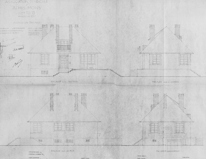 Elévations de la maison reconstruite dans l'îlot 12, parcelle 227, pour l'indivision Thomas (11, rue Paul-Henri-Challine) ; L. Mendelssohn, architecte en chef, P. Garofalo, architecte chef de groupe, R. Petit, architecte d'opération, 13 juillet 1948.