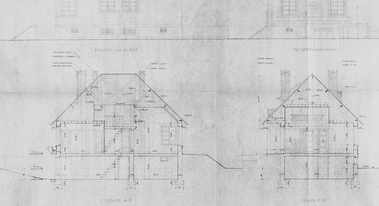 Plans de la maison reconstruite dans l'îlot 12, parcelle 227, pour l'indivision Thomas (11, rue Paul-Henri-Challine) ; L. Mendelssohn, architecte en chef, P. Garofalo, architecte chef de groupe, R. Petit, architecte d'opération, 13 juillet 1948.