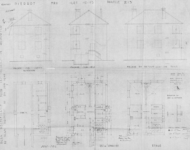Elévations et plans de la maison reconstruite dans l'îlot 12, parcelle 215, pour les consorts Pierrot (9, rue Paul-Henri-Challine) ; L. Mendelssohn, architecte en chef, P. Garofalo, architecte chef de groupe, A. Sommaire, architecte d'opération ; plan modifiant le plan primitif du 24 juin 1948.