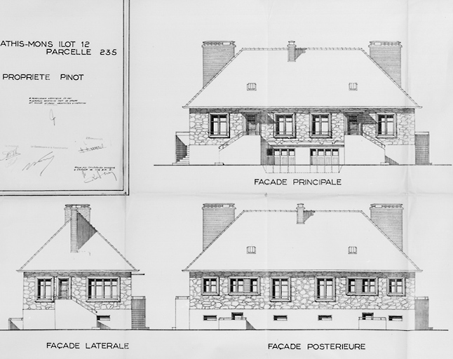 Elévations de la maison reconstruite dans l'îlot 12, parcelle 235, pour M. Pinot ; L. Mendelssohn, architecte en chef, P. Garofalo, architecte chef de groupe, Thivier et Poggi, architectes d'opération, s. d.