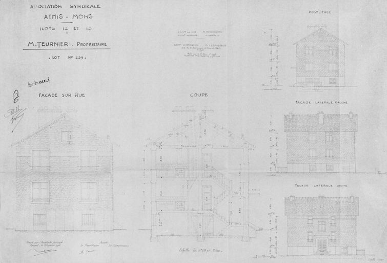Elévations et coupe de la maison reconstruite dans l'îlot 12, parcelle 239, pour M. Teurnier (3, rue Paul-Henri-Challine) ; L. Mendelssohn, architecte en chef, P. Garofalo, architecte chef de groupe, J. Lempereur, architecte d'opération, 10 décembre 1948.