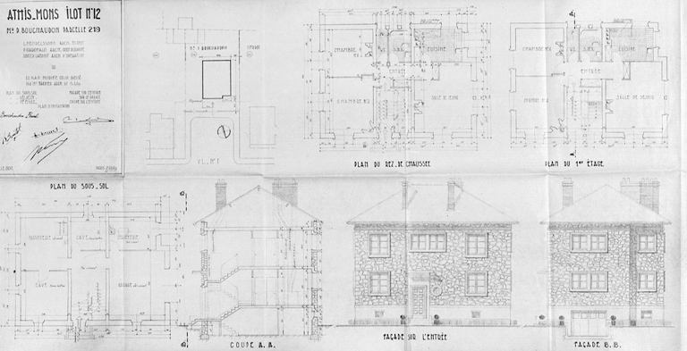 Elévations, coupe et plans de l'immeuble reconstruit dans l'îlot 12, parcelle 219, pour M. Bouchaudon (7, rue Paul-Henri-Challine) ; il se compose de 2 logements superposés. L. Mendelssohn, architecte en chef, P. Garofalo, architecte chef de groupe, Roger Lafont, architecte d'opération, 24 juin 1949.