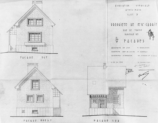 Elévation de la maison reconstruite dans l'îlot 3, parcelle 107, pour Mme Vve Cabrit (43, rue de Juvisy) ; Léo Mendelssohn, architecte en chef, P. Garofalo, architecte chef de groupe, Thivier et Poggi, architectes d'opération ; 20 novembre 1948.