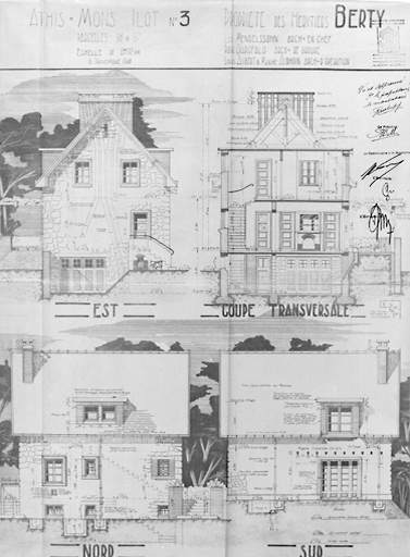 Elévations et coupe transversale de la maison reconstruite dans l'îlot 3 (parcelles 96 et 97) pour les héritiers Berty (7, rue du Château-de-Chaiges) ; architecte en chef Léo Mendelssohn, P. Garofalo, architecte chef de groupe, L. Aubert et M. Audhoin, architectes d'opération, 6 novembre 1948.