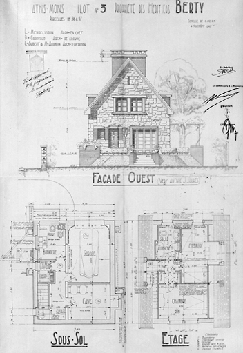 Elévation ouest et plans de la maison reconstruite dans l'îlot 3 (parcelles 96 et 97) pour les héritiers Berty (7, rue du Château-de-Chaiges) ; architecte en chef Léo Mendelssohn, P. Garofalo, architecte chef de groupe, L. Aubert et M. Audhoin, architectes d'opération, 6 novembre 1948.