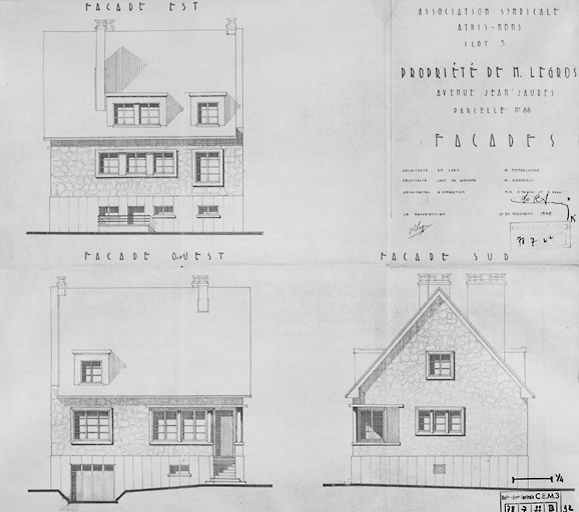 Elévations de la maison reconstruite dans l'îlot 3 (parcelle 88) pour M.Legros (34, avenue Jean-Jaurès) ; architecte en chef Léo Mendelssohn, P. Garofalo, architecte chef de groupe et Thivier et Poggi, architecte d'opération, 20 novembre 1948.