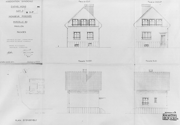 Elévations et plan de la maison reconstruite dans l'îlot 3 (parcelle 83) pour M.Porcher (24, avenue Jean-Jaurès) ; architecte en chef Léo Mendelssohn, P. Garofalo, architecte chef de groupe et H. Chavany, architecte d'opération, octobre 1948.