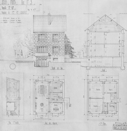 Elévations et coupe transversale de la maison reconstruite dans l'îlot 3 (parcelle 87) pour Mme Vve Labarthe (32, avenue Jean-Jaurès) ; architecte en chef Léo Mendelssohn, P. Garofalo, architecte chef de groupe, H. Chavany, architecte d'opération.