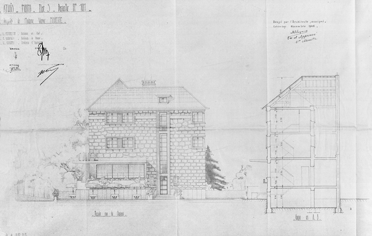 Façade sur la rue du Château-de-Chaiges et coupe de l'hôtel avec café en rez-de-chaussée reconstruit dans l'îlot 3 (parcelle 101) pour Mme Vve Mouette, au 51, rue de Juvisy ; architecte en chef Léo Mendelssohn, P. Garofalo, architecte chef de groupe et H. Chavany, architecte d'opération, novembre 1948.
