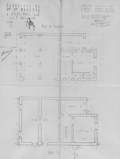 Plans du rez-de-chaussée et du sous-sol de l'hôtel avec café en rez-de-chaussée reconstruit dans l'îlot 3 (parcelle 101) pour Mme Vve Mouette (51, rue de Juvisy) ; architecte en chef Léo Mendelssohn, P. Garofalo, architecte chef de groupe et H. Chavany, architecte d'opération, novembre 1948.