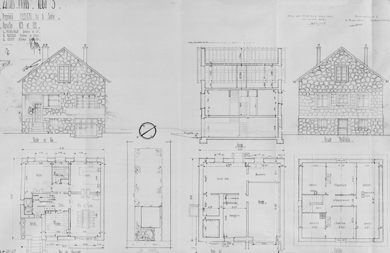 Elévations, coupe et plans de la maison reconstruite dans l'îlot 3 (parcelles 103 et 104) pour M. Courseau (45, rue de Juvisy) ; architecte en chef Léo Mendelssohn, P. Garofalo, architecte chef de groupe et H. Chavany, architecte d'opération, novembre 1948.
