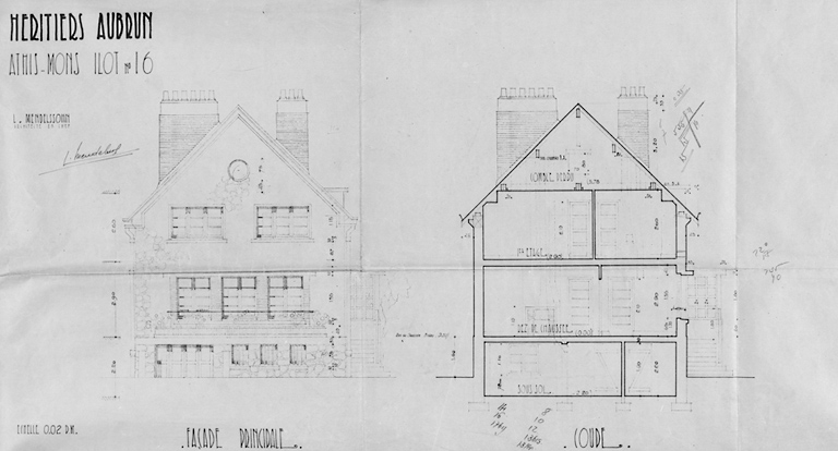 Façade principale et coupe de la maison reconstruite dans l'îlot 16 pour les héritiers Aubrun (23, rue Emile-Zola), architecte en chef Léo Mendelssohn, s. d.