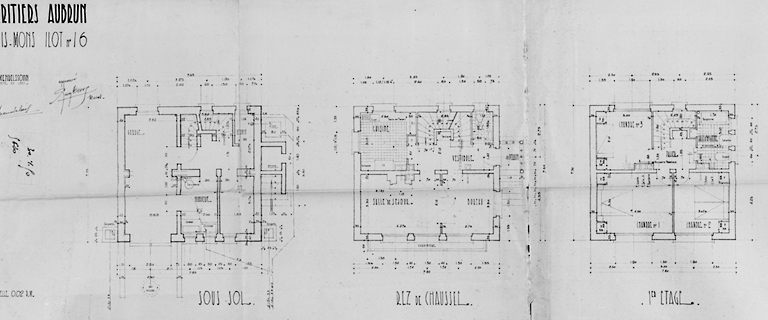 Plans de la maison reconstruite dans l'îlot 16 pour les héritiers Aubrun (23, rue Emile-Zola), dressés par l'architecte en chef Léo Mendelssohn, s. d.