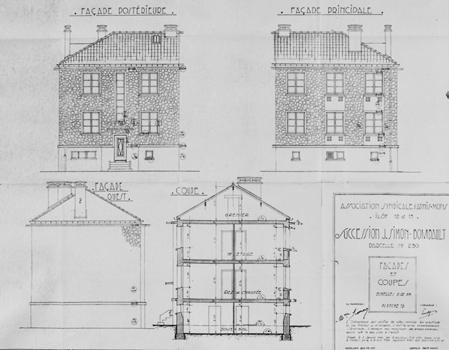 Coupe et élévation de l'immeuble reconstruit dans l'îlot 13, parcelle 230, pour les indivis J. Simon-Bombault (5-7, rue du Vercors) ; Léo Mendelssohn, architecte en chef, P. Garofalo, architecte chef de groupe, H. Chavany, architecte d'opération ; 5 janvier 1949. Cet immeuble est mitoyen avec celui des indivis Simon-Audoux (parcelle 229).