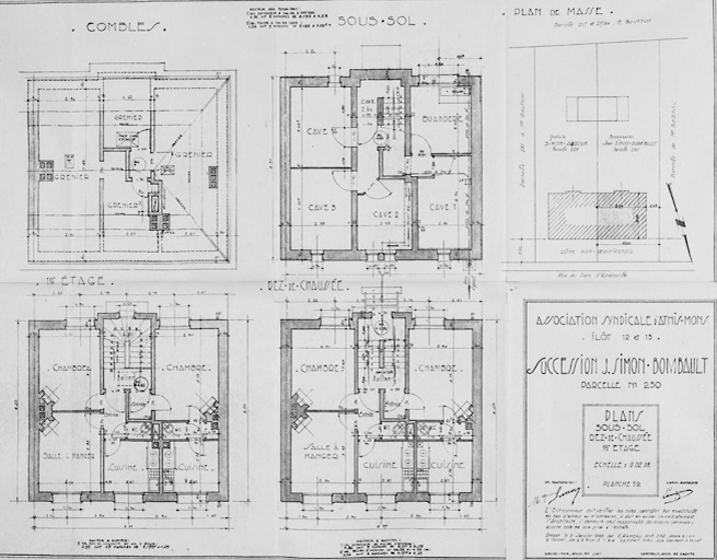 Plans de l'immeuble reconstruit dans l'îlot 13, parcelle 230, pour les indivis J. Simon-Bombault (5-7, rue du Vercors) ; Léo Mendelssohn, architecte en chef, P. Garofalo, architecte chef de groupe, H. Chavany, architecte d'opération ; 5 janvier 1949.