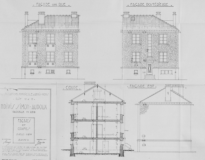 Coupe et élévation de l'immeuble reconstruit dans l'îlot 13, parcelle 229, pour les indivis Simon-Audoux (5-7, rue du Vercors) ; Léo Mendelssohn, architecte en chef, P. Garofalo, architecte chef de groupe, H. Chavany, architecte d'opération ; 5 janvier 1949. Cet immeuble est mitoyen avec celui des indivis J. Simon-Bombault (parcelle 230).