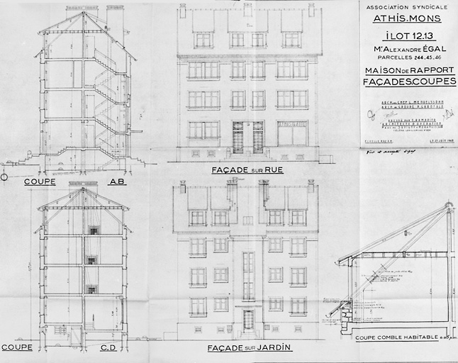 Coupe et élévations de l'immeuble avec boutique reconstruit dans l'îlot 13, au 67, rue de Juvisy (parcelles 244-246) pour M. Alexandre Egal ; P. Garofalo architecte chef de groupe, E. Ramadier, architecte d'opération ; 25 juin 1948.