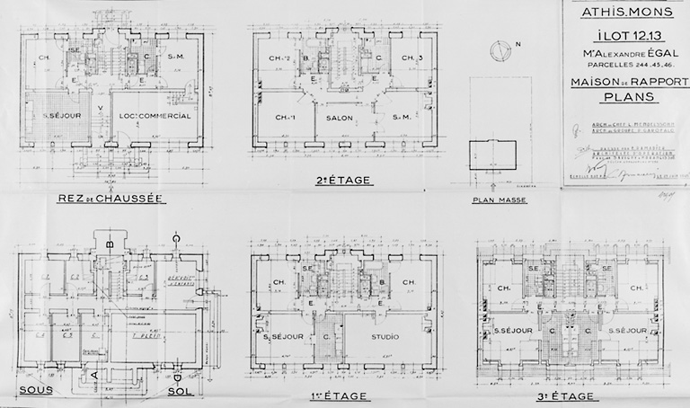 Plans de l'immeuble avec boutique reconstruit dans l'îlot 13, au 67, rue de Juvisy, (parcelles 244-246) pour M. Alexandre Egal ; P. Garofalo architecte chef de groupe, E. Ramadier, architecte d'opération ; 25 juin 1948.