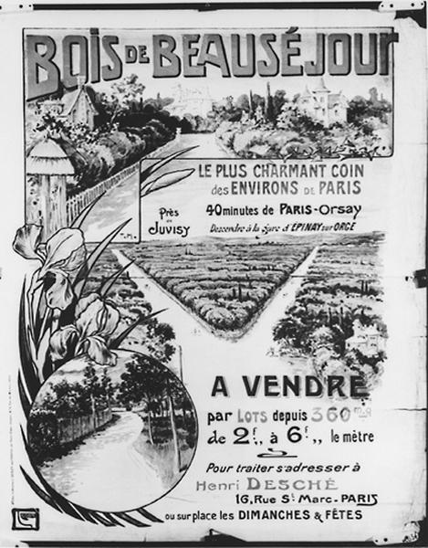 Affiche publicitaire en faveur du lotissement d'un parc dit 'Bois de Beauséjour'.