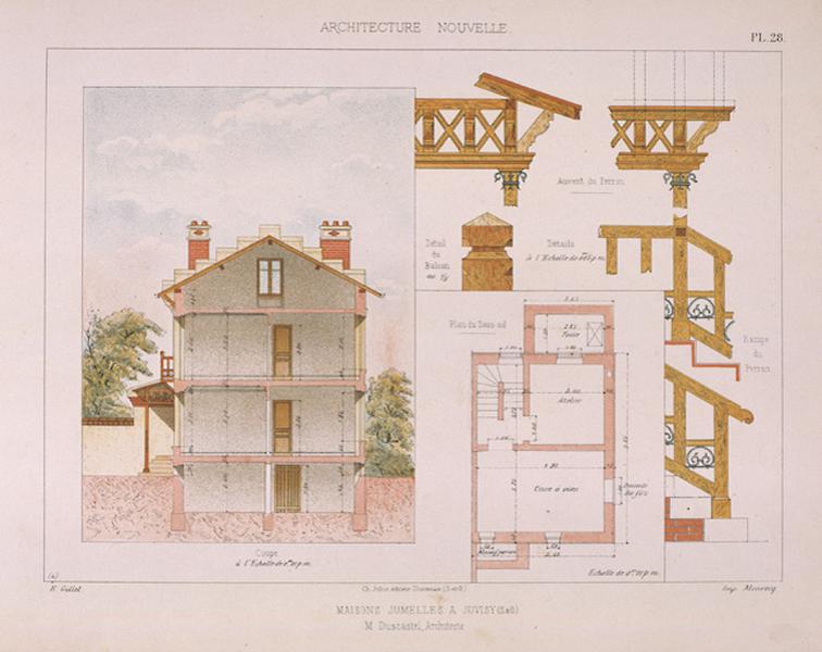 Plan, élévation sur le pignon et détails constructifs publiés dans 'L'Architecture nouvelle', s. d.