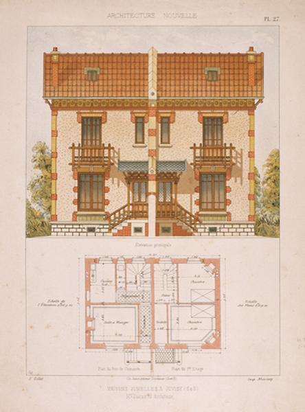 Plan, élévation antérieure d'une maison jumelée.