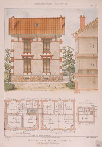 Plans du rez-de-chaussée et de l'étage, élévation postérieure d'une maison jumelée.