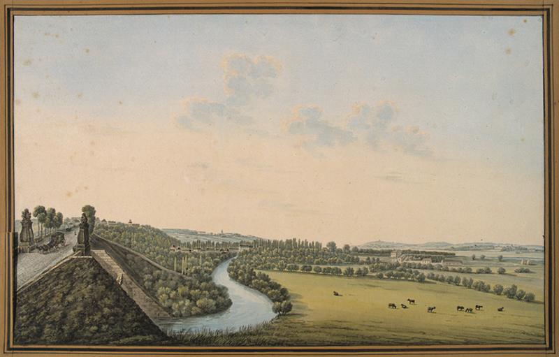 Vue du bourg de Juvisy avec la chaussée de la route royale et le pont des Belles fontaines au premier plan, et le village à l'arrière-plan.