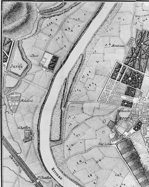 Extrait de la Carte topographique de la forêt de Sénart, dressée par dom G. Coutans vers 1786, correspondant aux territoires de Juvisy, de (Viry)-Châtillon et de Draveil.