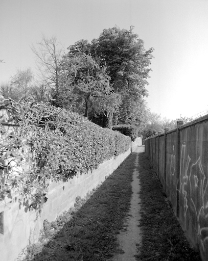 Vue du chemin à la hauteur des 48 et 50, rue Robert-Schuman, bordé de murs en parpaings.