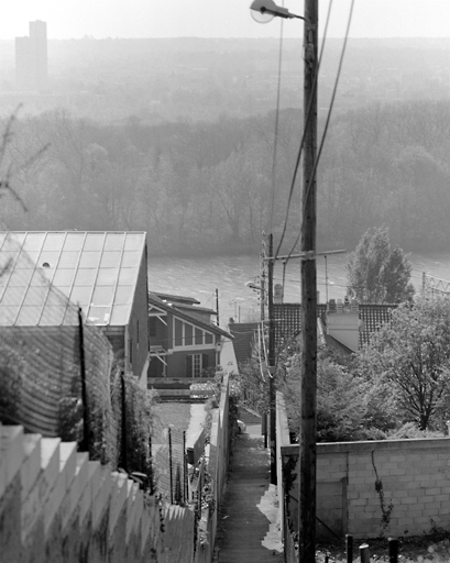 Vue des maisons qui bordentl le sentier des Calabres (aménagé en escaliers) jusqu'à la Seine.