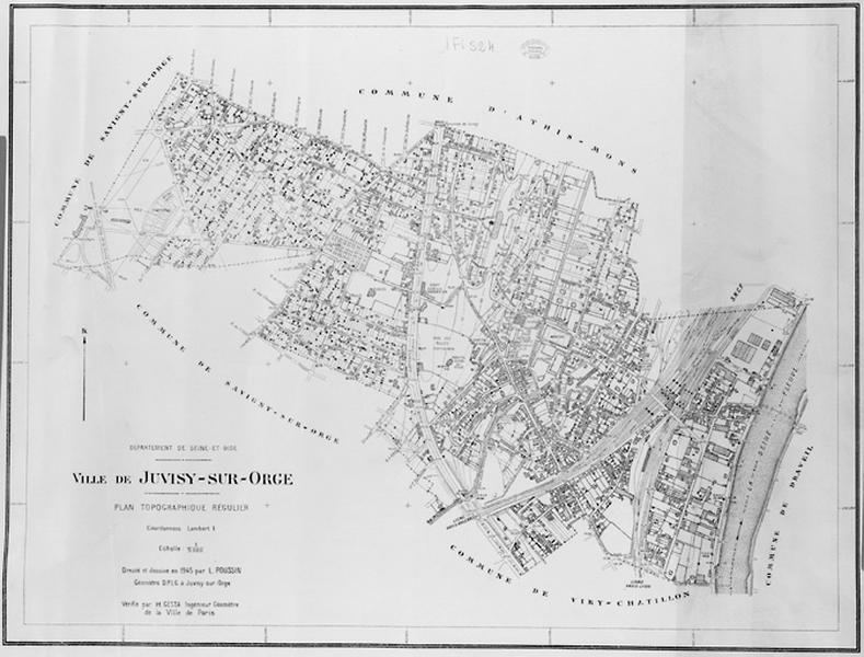 Plan topographique de Juvisy dressé par L. Poussin en 1945 : plan d'ensemble de la commune.