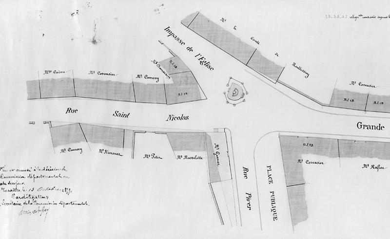 Plan d'implantation de la croix à l'intersection de la Grande-Rue et de l'impasse de l'église, vers 1879 (extrait du plan d'alignement de la Grande-Rue)