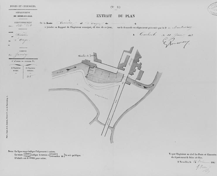 Plan du plan d'eau de l'Orge en aval du moulin de Juvisy, joint à la demande de déplacement du lavoir en date de 1863