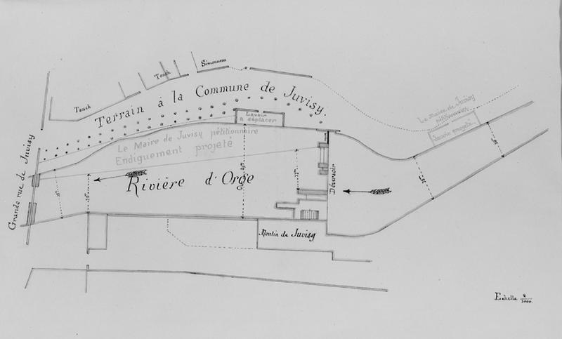 Plan du déversoir et du bief aval du moulin, joint au projet visant à réduire le cours de l'Orge afin d'agrandir la place du marché, 1879.