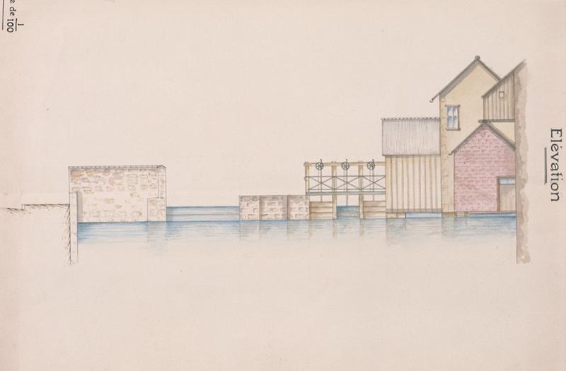 Elévation du déversoir, des vannes et des bâtiments abritant les roues motrices du moulin, dessin aquarellé extrait d'un plan en long de l'aménagement de la vallée de l'Orge, 1928