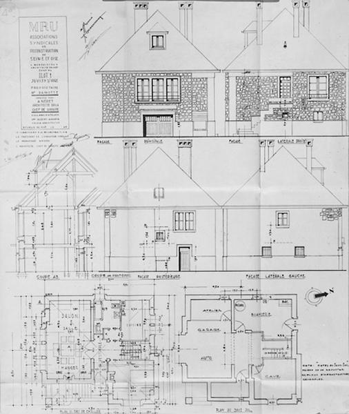 Maison de M. Damotte : plans, élévations et coupes de la maison, 1949. M.R.U.