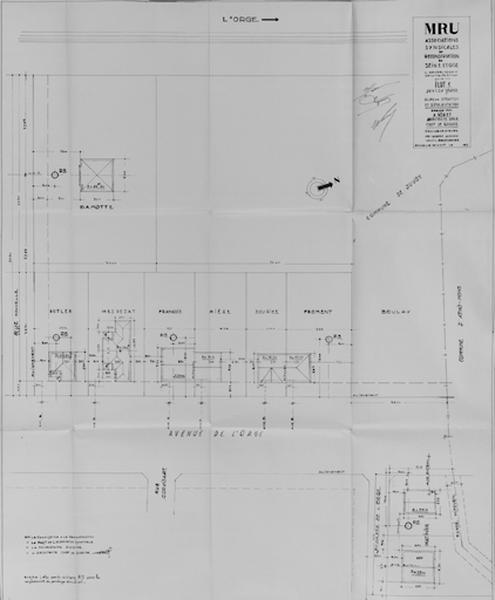 Plan de situation et d'implantation des maisons de l' îlot 1 (maisons de MM. François, Damotte, Kotler, Mespezat, Miège, Sourice, Froment, Boulay), 1949. M.R.U.